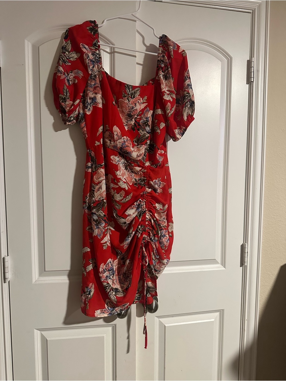 Dillard’s- Lucy Paris Red Floral Ruched Puff-Sleeve Mini Dress